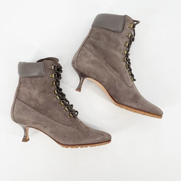 Manolo Blahnik Y2K Taupe Suede Oklamod Timberland Lace-Up Ankle Boots IT 37 - Picture 3 of 10